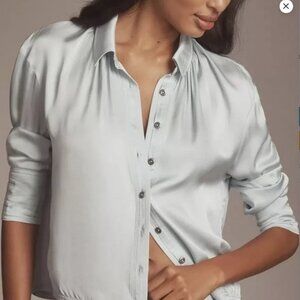 Pilcro Crop Satin Buttondown Blouse Anthropologie Top in Light Blue size XL NWT